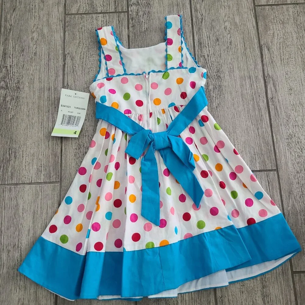 Rare Editions NWT Girls white and blue Polka Dot Sleeveless Dress – Size 4